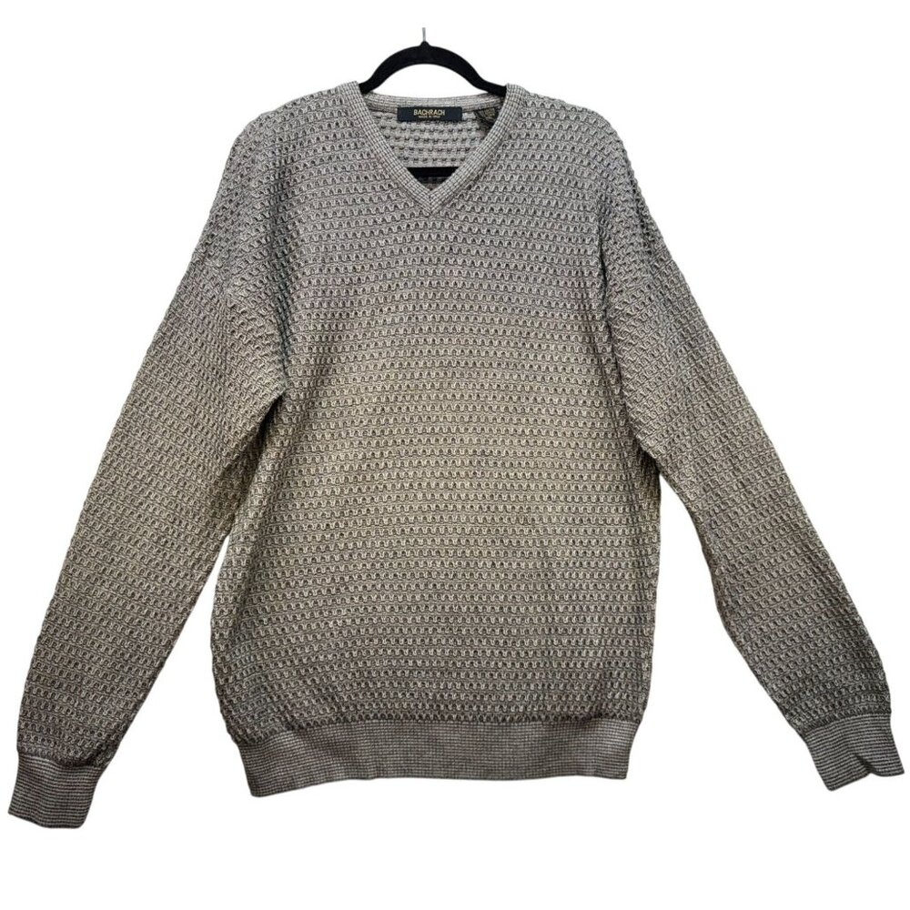 Bachrach  Mens V-Neck Sweater XXL Cotton Acrylic Linen Gray Textured Knit Made I